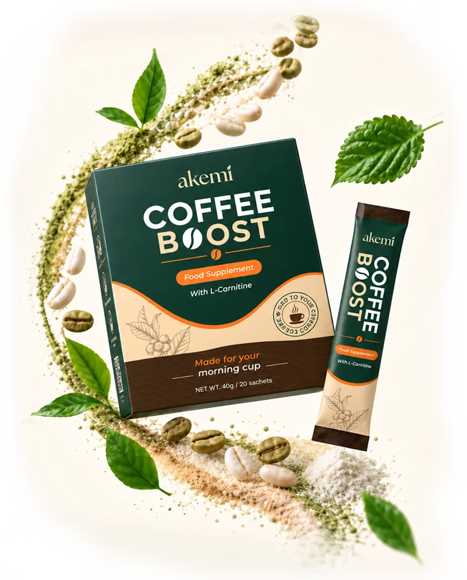 Akemi Coffee Booster box and sachet with green tea, green coffee bean and mulberry leaves